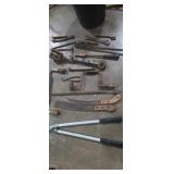 Draw knife, wooden pulley,  machete,  wire