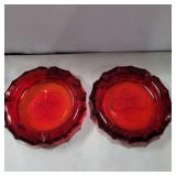 2 Fostoria red coin glass ashtrays 8in