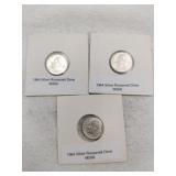 Three 1964 silver Roosevelt dimes
