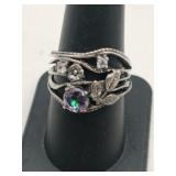 Silver flowered purple stone ring Marked 925 size