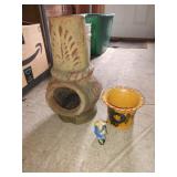 Group of small ceramics: chiminea, flower pot,