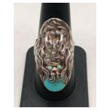 Silver dragon face turquoise Ring unmarked size 8