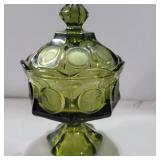 Fostoria green coin glass covered dish 8.5in tall
