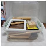 Wood crafts and display stands in container with