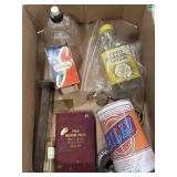 Old advertising can, lotion bottle, holy water,