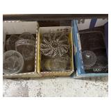 Clear and cut glass dishes, baskets, platters,