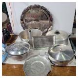 Aluminum serving dishes, silverplate platter, and