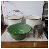 Enamel ware pots with lid and green Enamel bowls