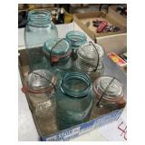 7 clear and blue glass Ball jars, 4 with locking