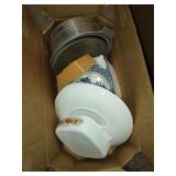 Box of assorted vintage plates, pot, dishes. Some