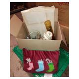 Box of Christmas items: candy dish snow man,