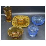 Amber and blue pressed glassware