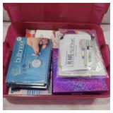 Button attachers and more in container with lid