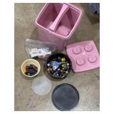 Lego style tub with marbles, dice, and more