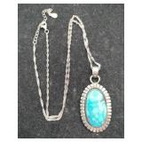 Silver chain turquoise pendant marked Sterling
