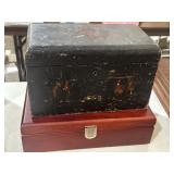 2 older wooden boxes and contents, marbles,