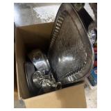 Silver plate and other platters, candlesticks,