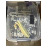 Lidded tote full of miscellaneous hooks/household