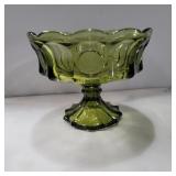 Green fostoria coin glass compote 7in tall 8in