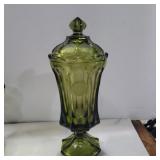 Fostoria green coin glass urn with lid 13in tall