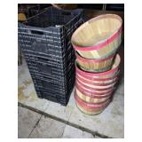 Wooden produce baskets and plastic crates