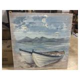 Seaside boats art work on panel board 26 x 26