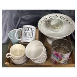 Footed bowl, oven dishes, fun coffee mugs, and