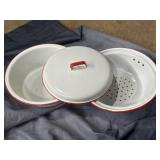 Enamelware double boiler and steamer set white