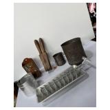 wooden lemon squeezer, metal crank flour sifter,