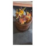 Wooden barrel style planter pot with fake floral