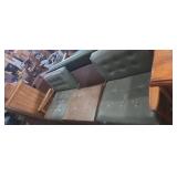 Mid century green leather wooden arm sofa with