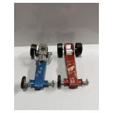 red & blue toy/model dragster chassis with