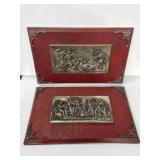2 cast metal mythical relief panels on