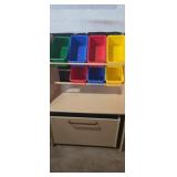 Wooden toy storage stand,  with tote and toy
