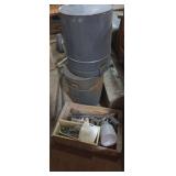 Tin cans and wooden slotted box with contents