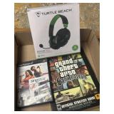 Xbox headset, PlayStation 2 SingStar game, and