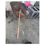 Old, heavy duty, all metal wheel barrel and