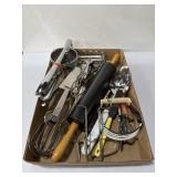 Kitchen utensils assorted, pizza cutter, roller,