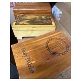 2 wooden keepsake boxes and holy Bible in wooden