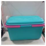 Storage container with fabric and pattern for