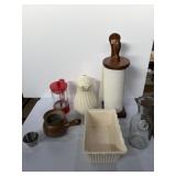 wooden paper towel holder,  clear glass milk
