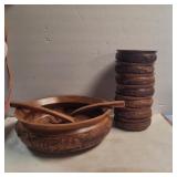 Carved wood salad bowl set