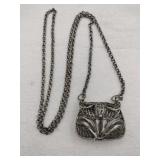 Silver plated filigree purse necklace