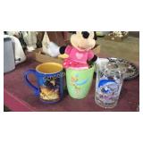 Disney mugs and 1 glass