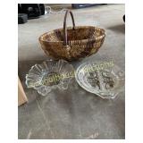 Glass relish dish Fruit dish and woven basket