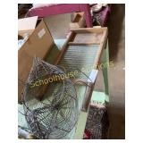 Wire chicken egg basket and glass and wood wash