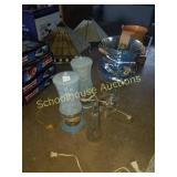 Pair of blue lamps and misc glassware