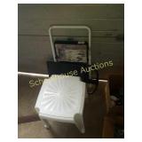 Step ladder and laptop stand and plastic table.