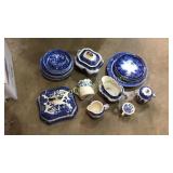 Mismatched blue dishes lot. Some old, some