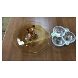 2 serving dishes. Amber glass & hobnail divided